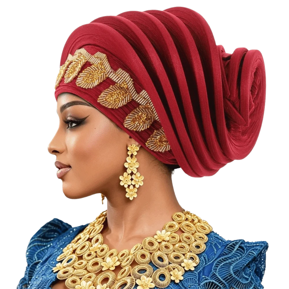 Shiny African Gele Headwrap Polyester Leaf Yoruba Turban Hat Multiple Color Options Gold Embellished Traditional Headpiece