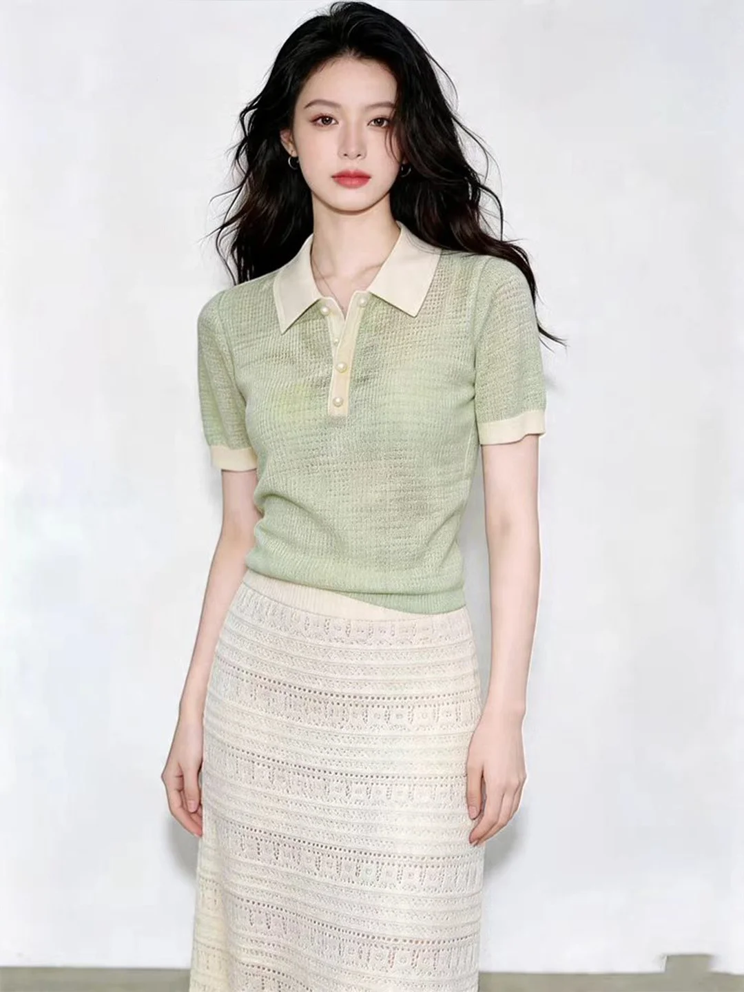 

Summer Women's Ice Silk Knitted Neck Short Sleeve Comfortable Fashion Color Block Design Soft Knitwear Korean Style Stra...