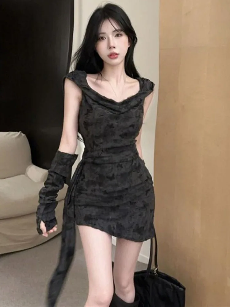 Punk Harajuku Gotico Abito con cappuccio per le donne Y2k Abiti aderenti sexy Felpa con cappuccio Abiti subculturali De Mujer Gotico scuro