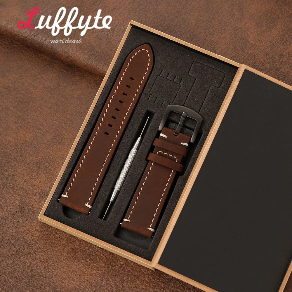 Men Double Sided Crazy Horse Leather Wristband 18 20 22 24mm with Gift Box Vintage Quick Release Strap Watch Accessories