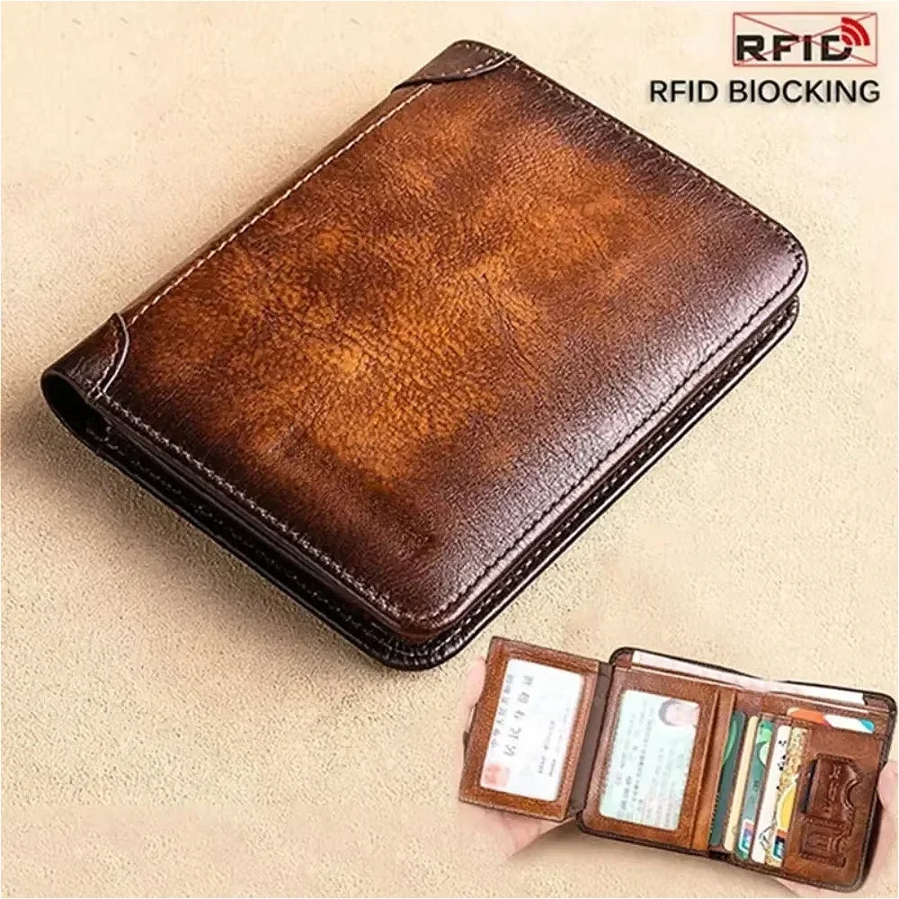 Men Wallet Genuine Leather Rfid Blocking Trifold Wallet Vintage Thin Short Multi Function ID Credit Card Holder Male Purse Money