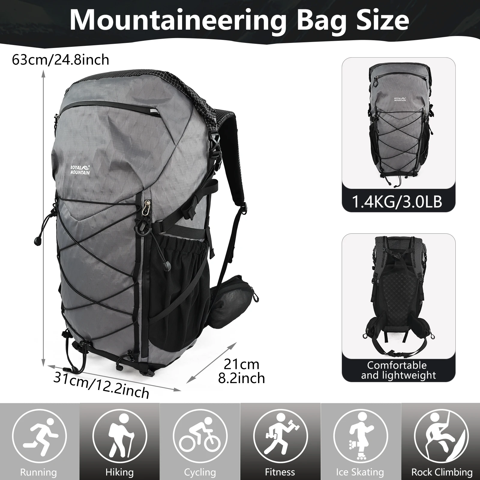 ROYAL MOUNTAIN 50L water-resistant hiking outdoor backpack multi-pocket rolltop design adjustable height of the torso
