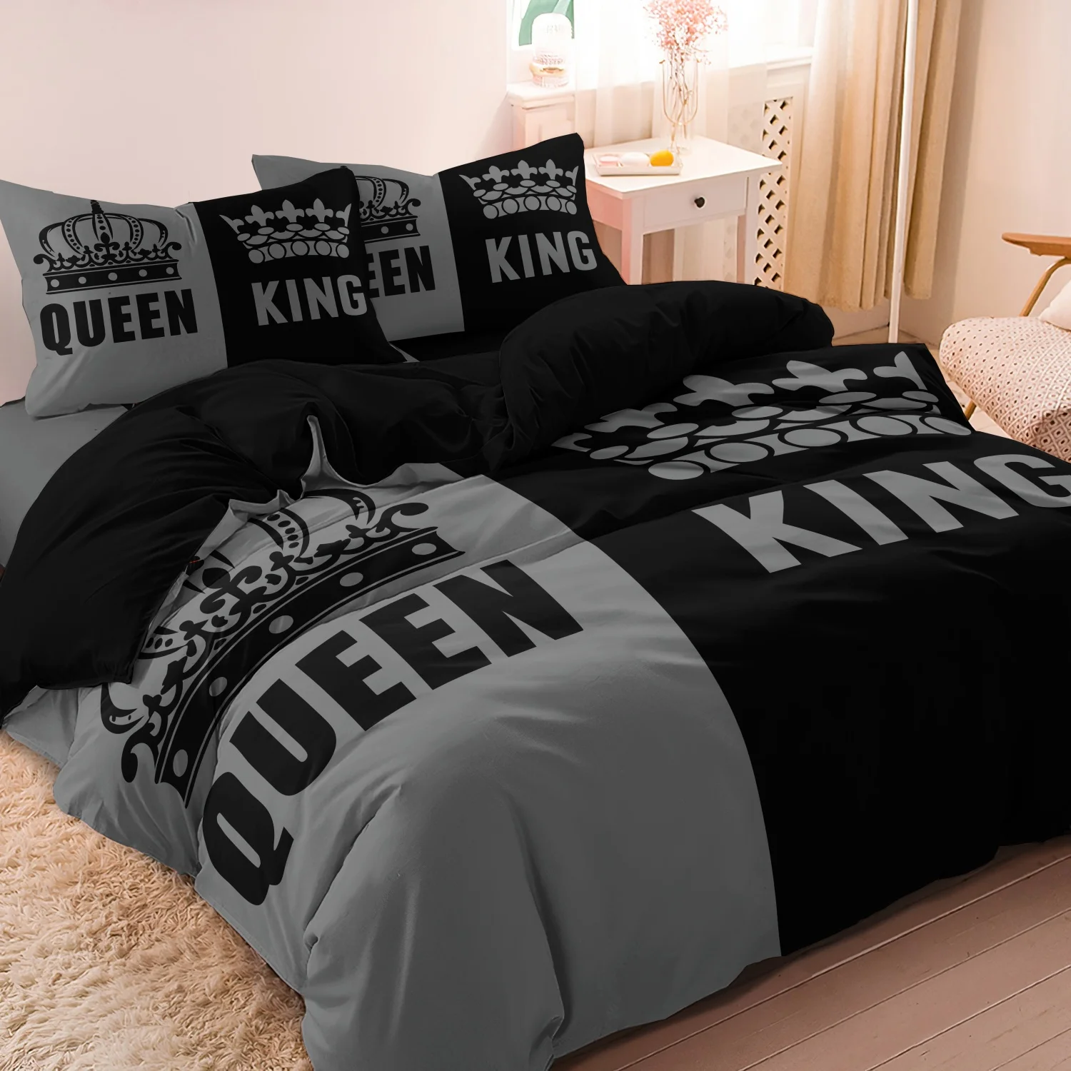 3pcs Black Grey King Queen Print Bedding Set, Couple Themed Duvet Cover, For Family Bedrooms Dormitories Hotels