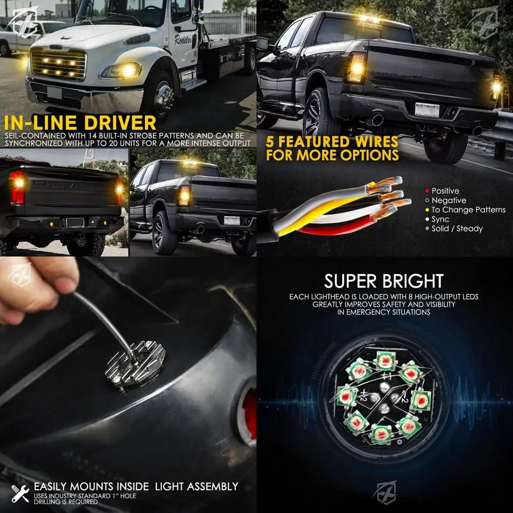 Strobe Light Kit with 14 Patterns, 4PCS White & Amber LED Grill Lights for Trucks, Surface Mount, Suitable for Work and Tow Vehi