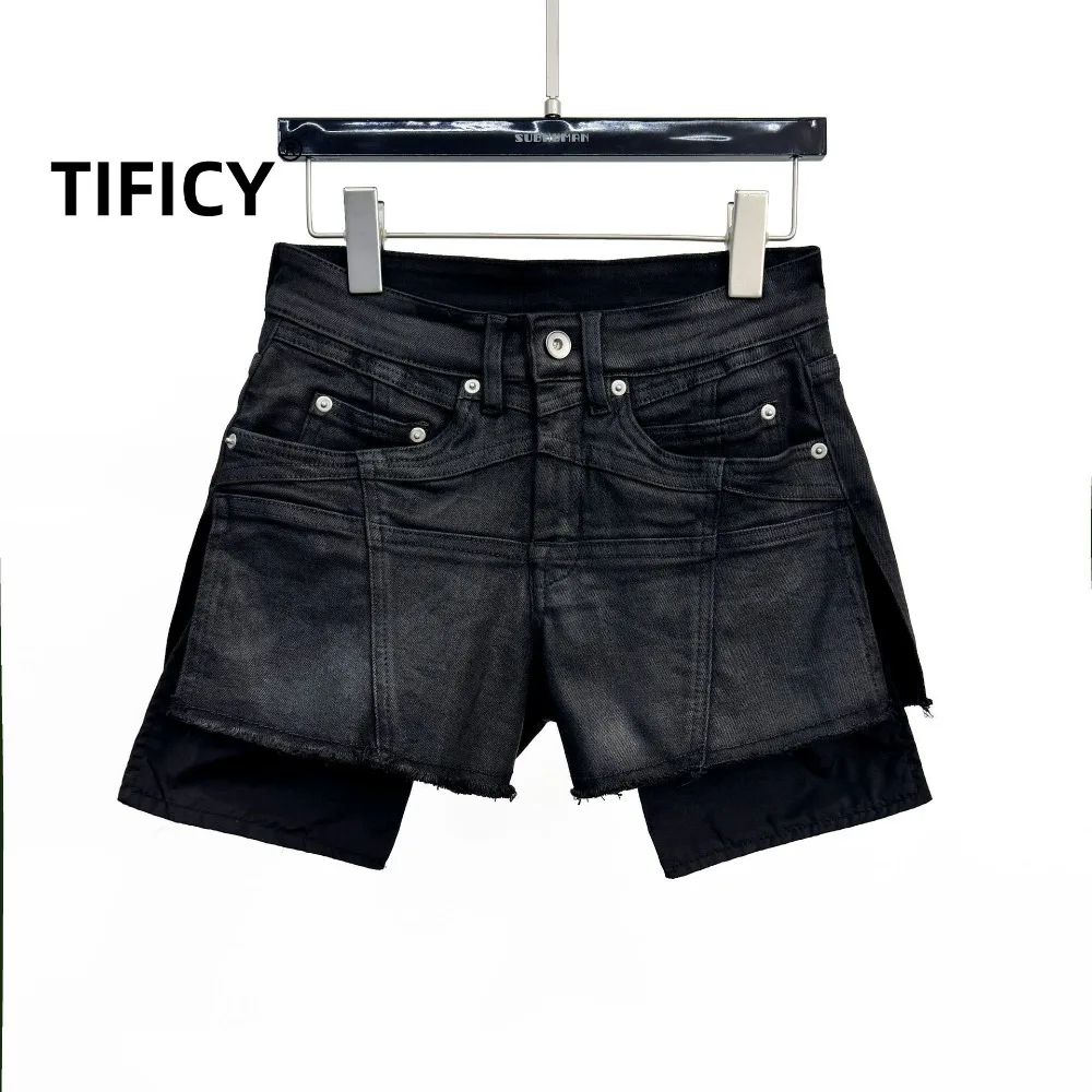 High Street RO Dark Style Black Deconstructive Cut Wax Patchwork Denim Shorts Women's Fringed Hot Pants Summer Shorts