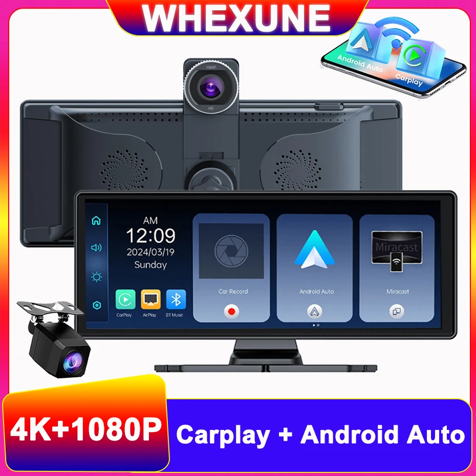 

10.26" 4K Dash Cam Carplay Android Auto GPS 5G WIFI FM BT Car Dvr 360 ° Rotation Dual Lens Dashcam Truck Camera Drive Recorder