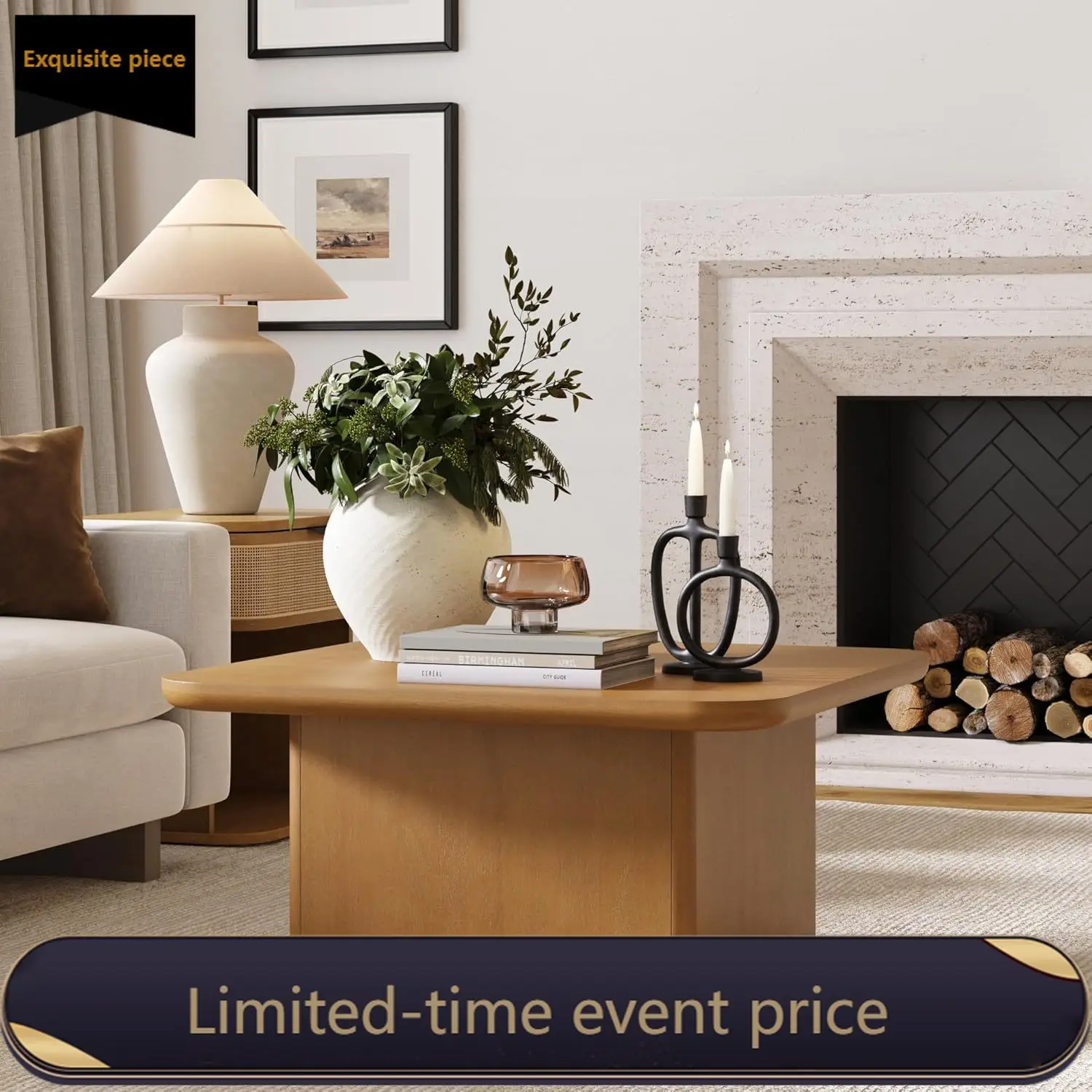 

Светло-коричневый органический современный квадратный кофейный столик с закругленными краями и основанием-пьедесталом для гостиной, дерево