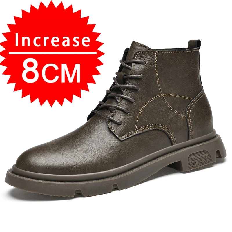 Men Boots Elevator Shoes Invisible Heels 8CM 6CM Height Increasing Shoes Man Fashion Leather Ankle Boots Male Moccasins Taller