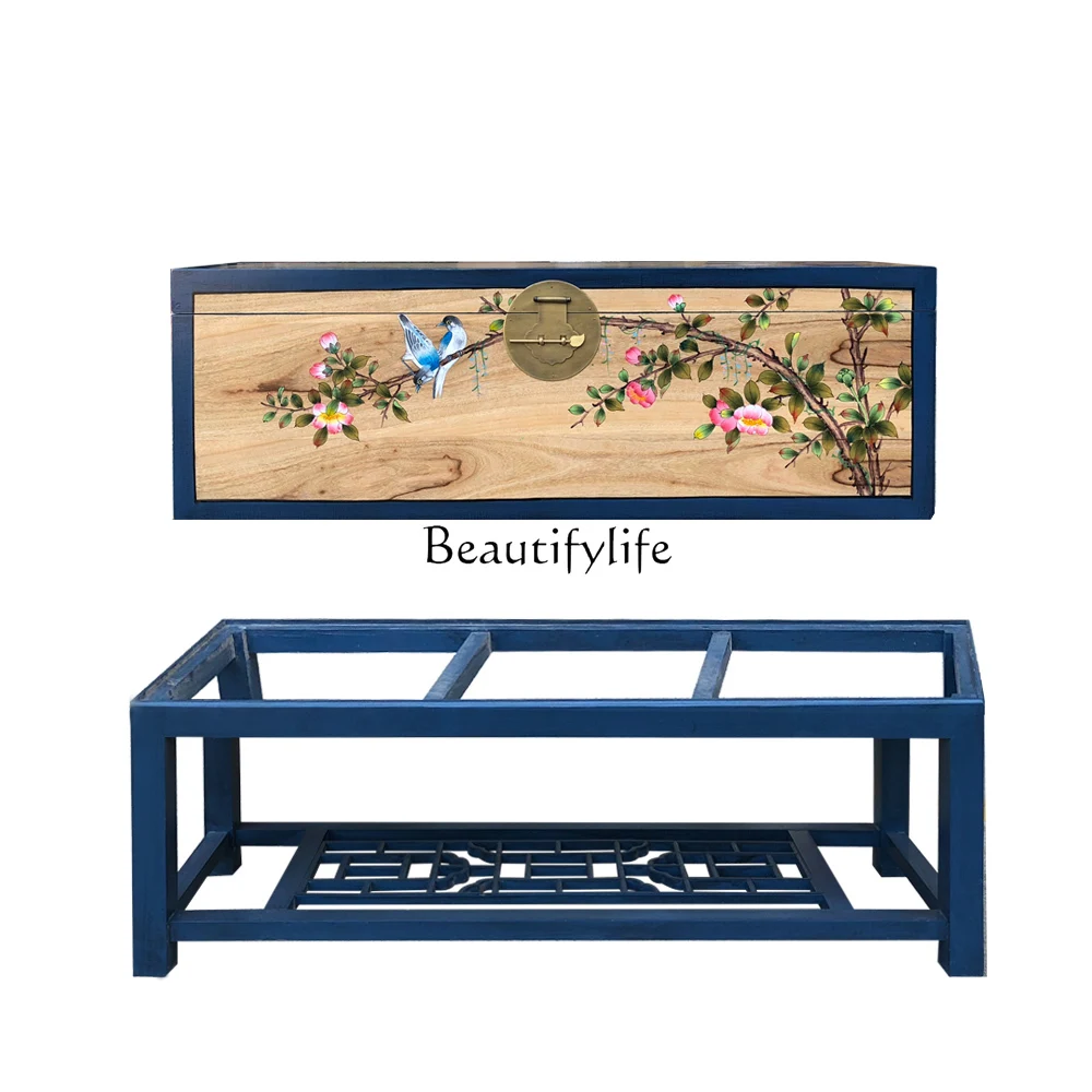 

Modern Chinese hand-painted camphor wood box solid wood storage painted furniture customization