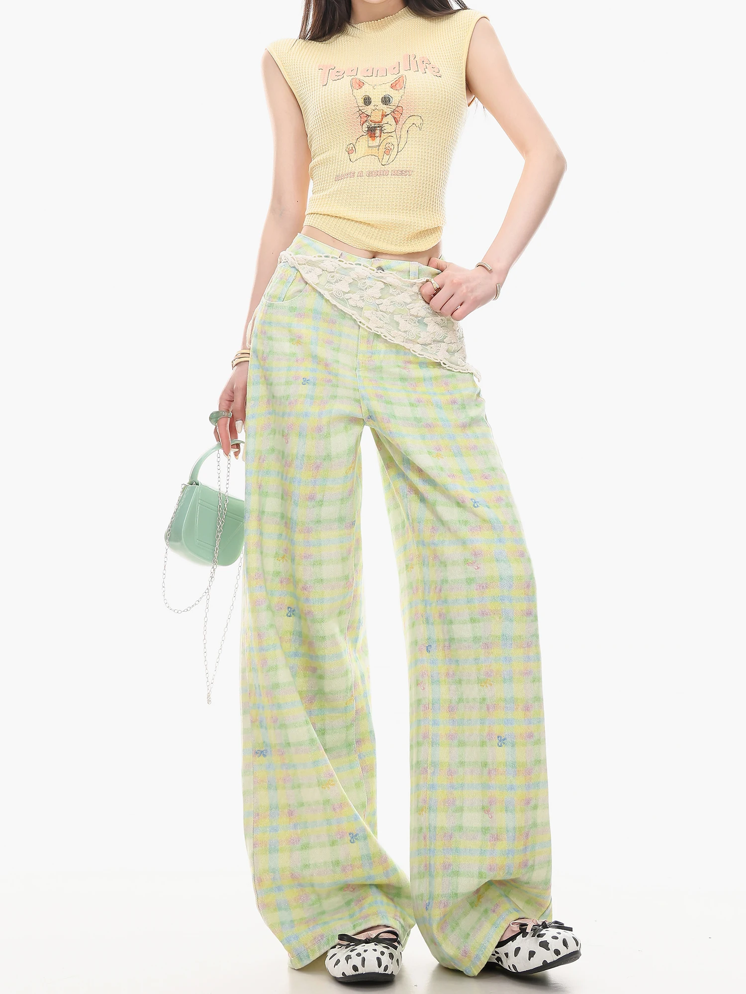 

Оригинальные прямые брюки ABWLR Dopaamine Green в клетку, женские свободные повседневные брюки для похудения, универсальные женские брюки для весенней моды