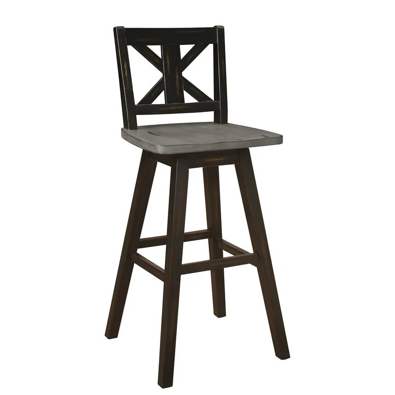 

Distressed Gray and Black Swivel Bar Chairs, X-Back Solid Rubberwood, Set of 2