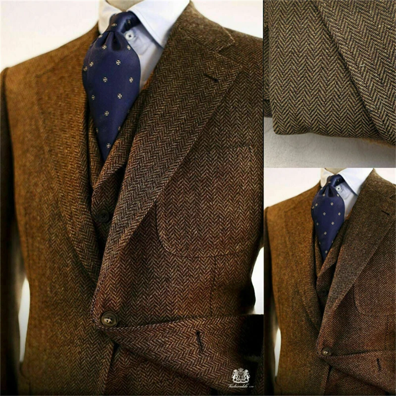 Regular Brown Mens Suits Slim Fit Herringbone Tweed Wool Blend Check Wedding Tuxedos Classic 3 Pieces Trajes De Hombre Blazer