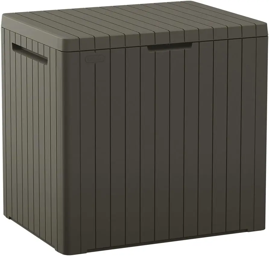 

City 30 Gallon Resin Outdoor Storage Box and Patio Furniture Side Table for Pool and Garden Accessories, Taupe