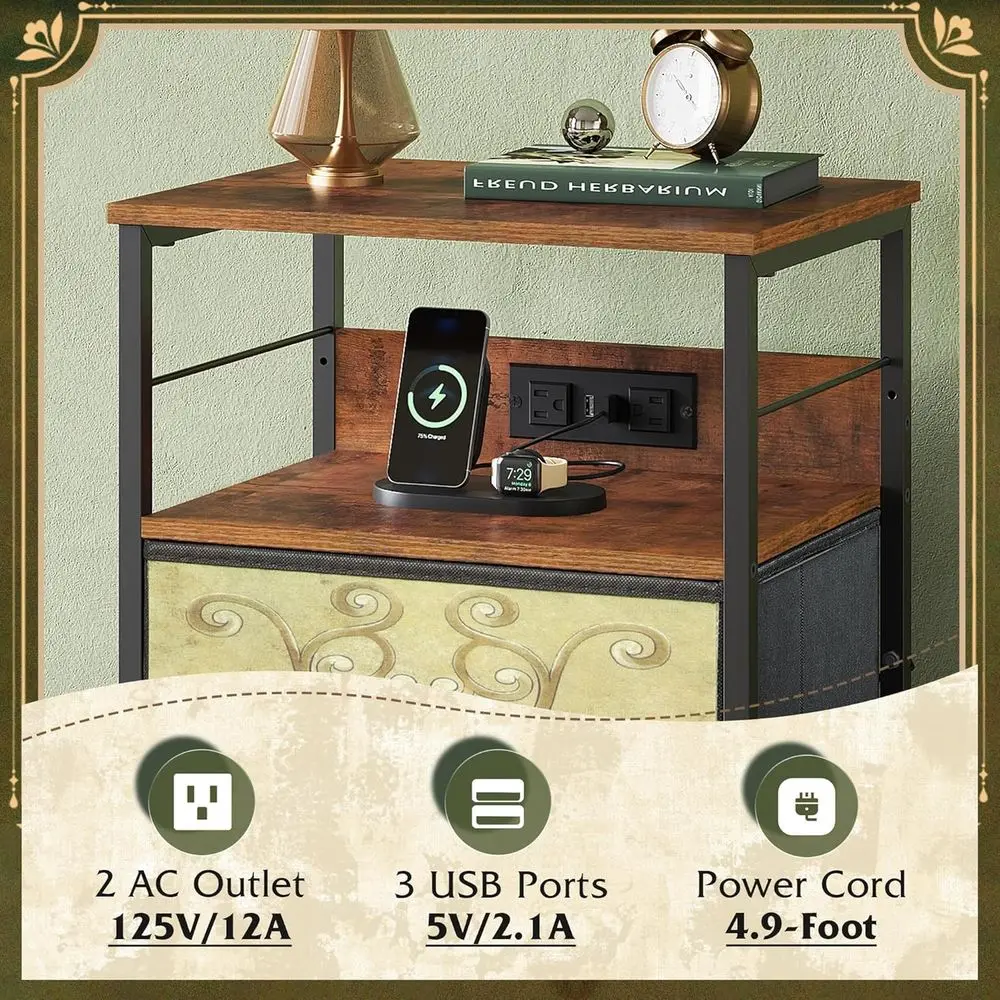 Komoda oszczędzająca miejsce z szufladami z tkaniny, ładowaniem USB i gniazdami - Stolik nocny z motywem kwiatowym