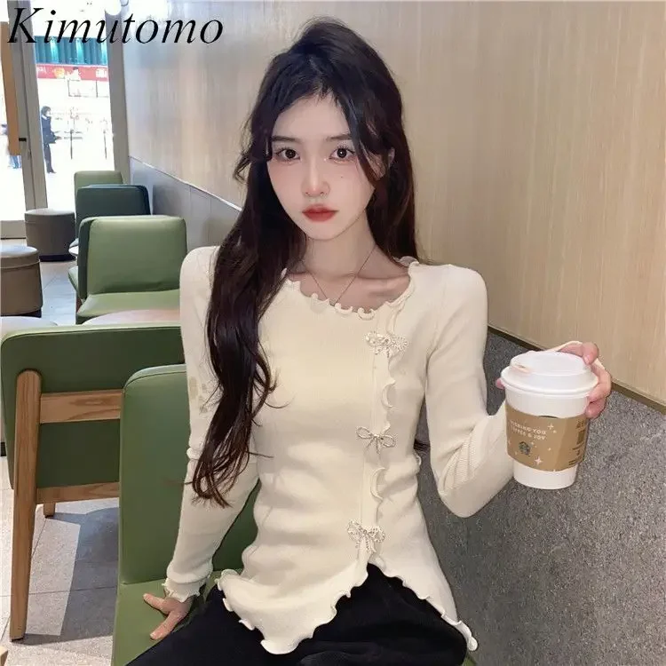 Kimutomo Pure Design Wind Wood Ear Hem Sweater Irregular Design Beaded Bows Elastic Sweaters Korean Solid Color Knit Pullover