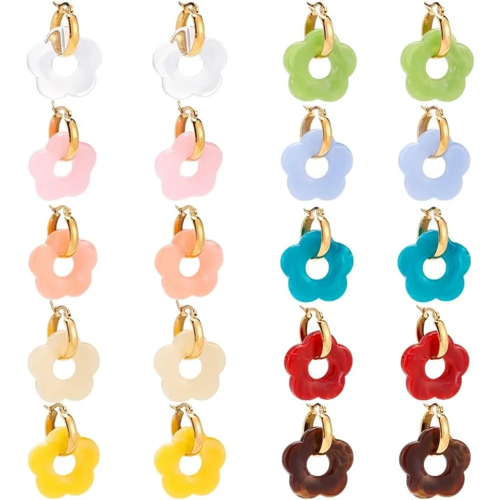 

10 пар цветочных серег-кольцов, подвески из смолы, цветочные бусины с золотыми серьгами-кольцами из нержавеющей стали 304, фурнитура для браслета «сделай сам»