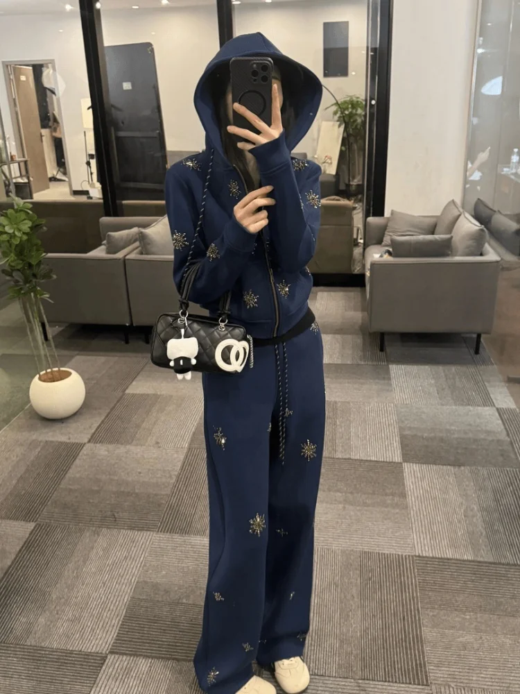 

Ele Lazy Women's Two-Piece Set with Hoodie Slimming Casual Pants Winter Faion Korean Sle Long Sve round Ne Sweat...