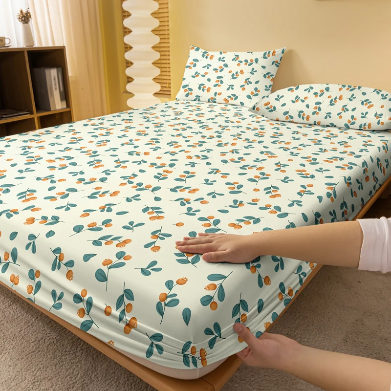 1pcs Small Branch Kumquat Pattern Brushed Fitted Sheet, Bedroom Plant Flower Printed Bedspread, Bedding (Not Include Pillowcase)