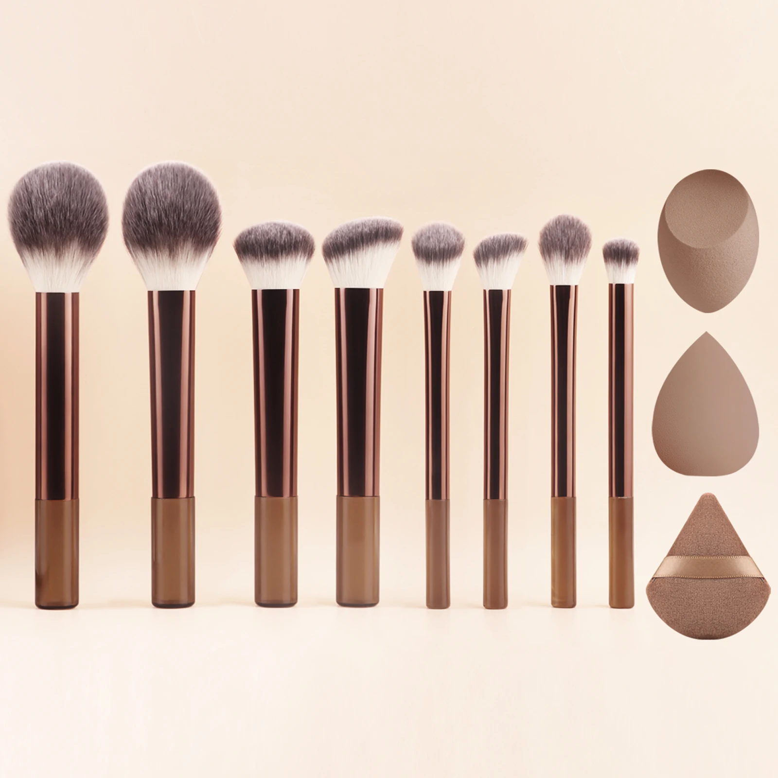 8Pcs Brown Coffee Makeup Brush Set,Powder Blush Foundation Eyeshadow Brushes With Triangle Puff