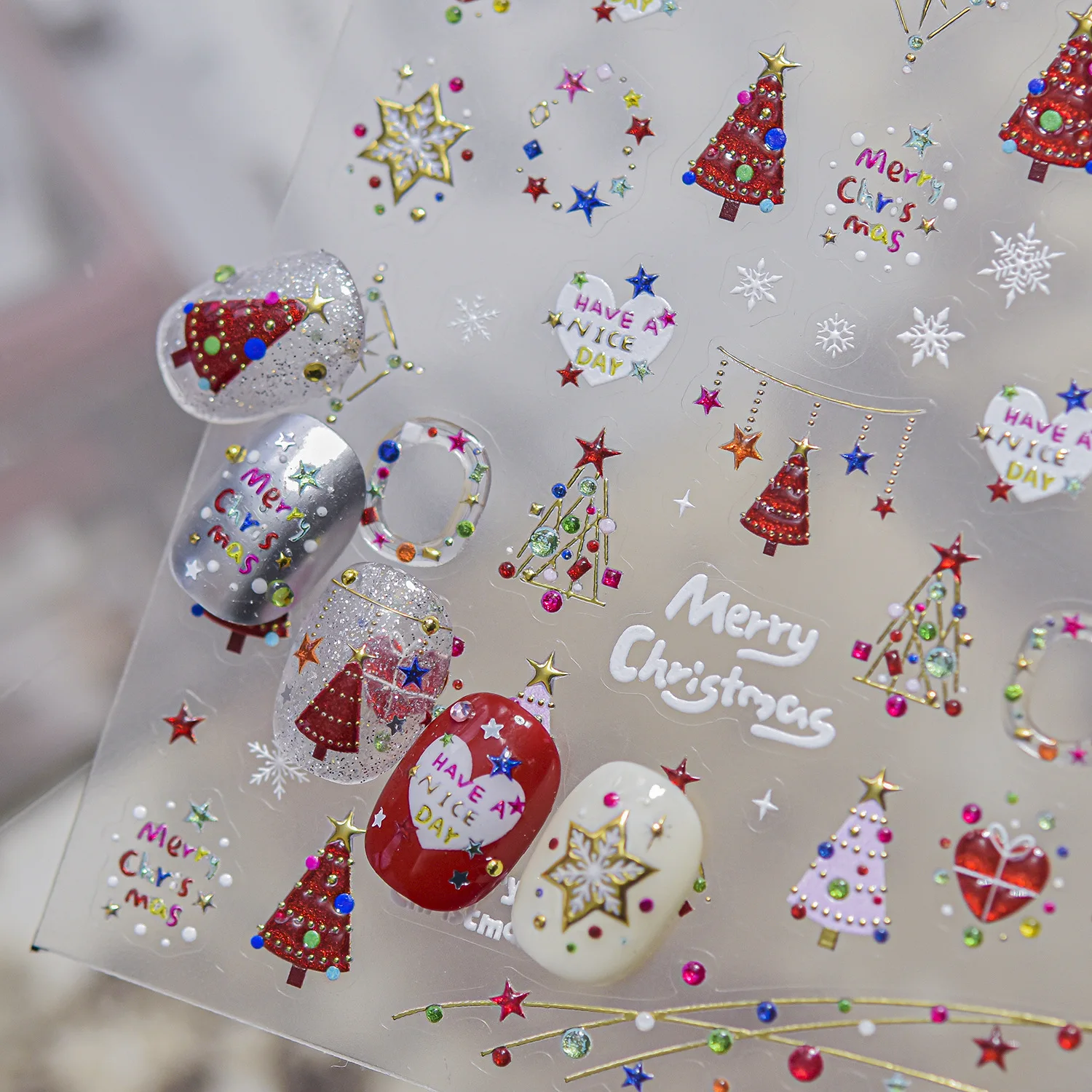Winter Christmas Nail Stickers Colorful Christmas Tree Heart Snowflake Star Festoon Winter Self-Adhesive Nail 3D Decorations DIY