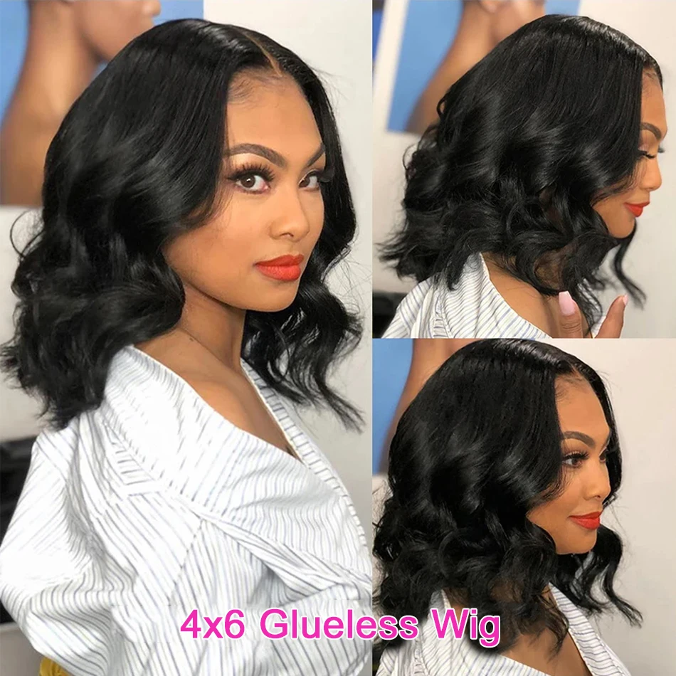 4x6 Glueless Short Bob Wigs Body Wave Lace Front Human Hair Wigs Brazilian Natural Black Color Water Wave Closure Wig For Women