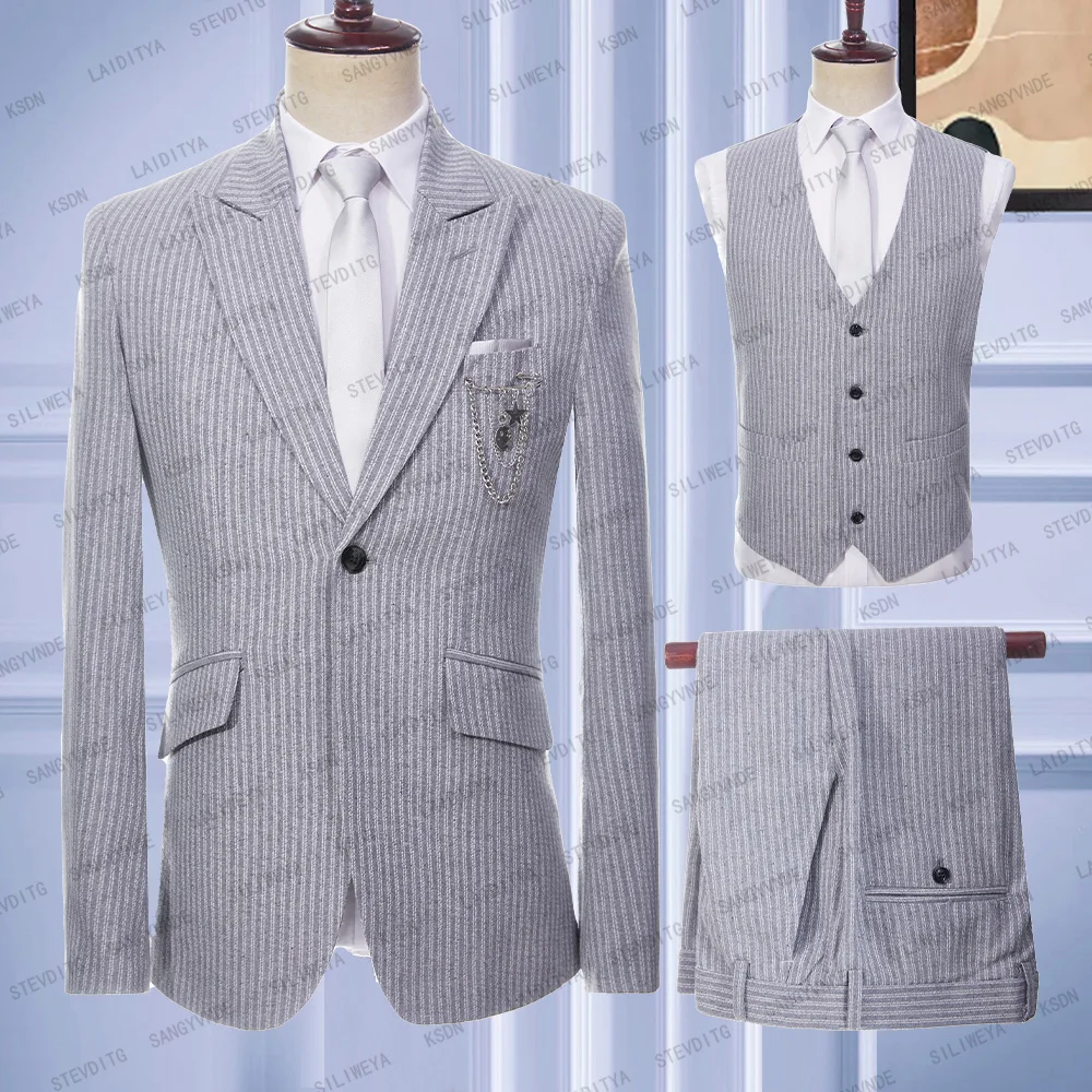 

2023 New Costume Homme Popular Men's Linen Suits Grey White Vertical Stripe Groom Slim Fit Tuxedo 3 Pcs Set Jacket Vest Pants