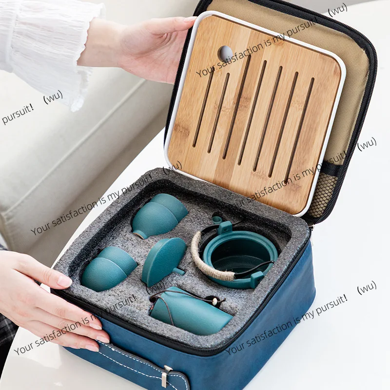 Coarse pottery lifting beam pot, one pot of four cups, outdoor portable travel tea set, event gifts