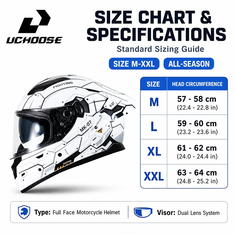 UCHOOSE Full Face Motorcycle Helmet with Rear Spoiler, ABS EPS, Clear Visor, Unisex Adult Motorbike Racing Safety Helmet