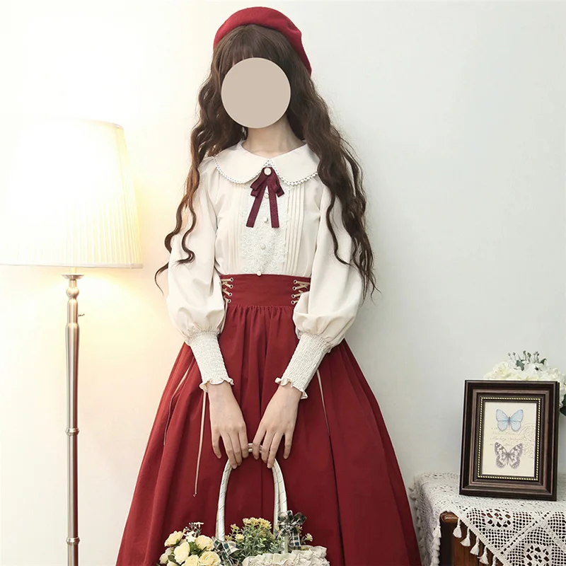 Lolita Daily Streetwear lantern sleeves Shirt Sweet girl Vintage High Waist Half Skirt Women Outfit