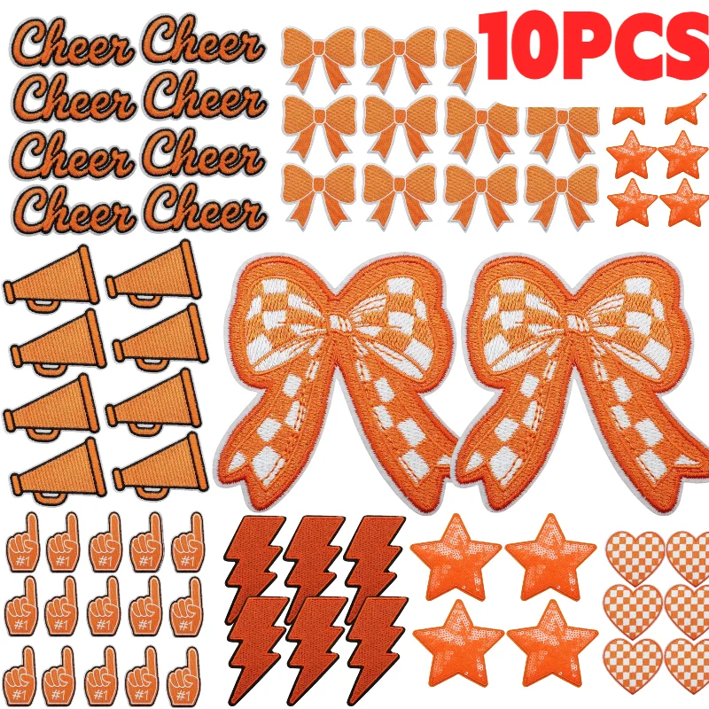 10PCS Orange Theme Lightning Love Star Bow Embroidery Patches Cheerleader Game Day Iron On For DIY Clothes Decoration Wholesale