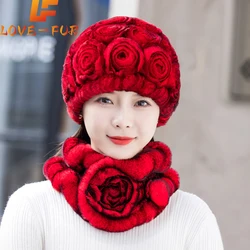 Hot Sale New Women Winter Fur Hat Scarf Sets Natural Warm Real Rex Rabbit Fur Cap Scarves Lady Knitted Genuine Fur Hats Muffler