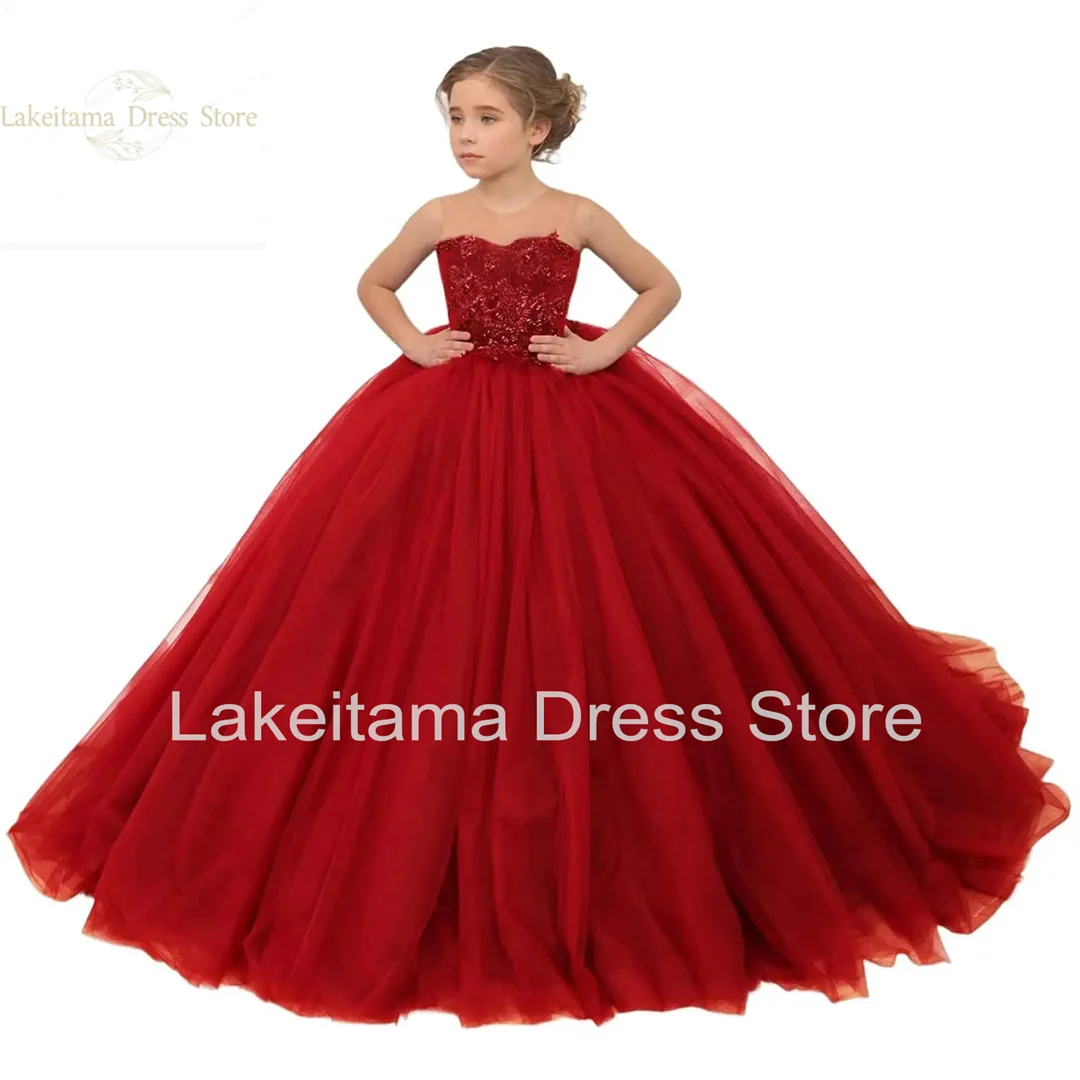 

Tulle Flower Girl Dress for Wedding Illusion Sheer Beaded Appliques Princess Pageant Dresses Long Kids Party Ball Gown