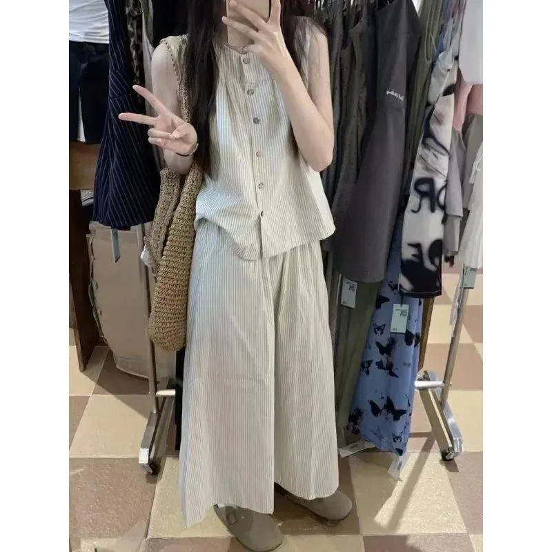 

Japanese Retro Vertical Stripe Two Piece Outfit Women Sleeveless Round Neck Vest Elastic Waist Loose Midi Skirt Set