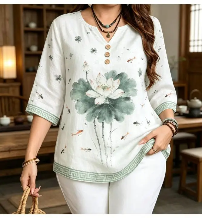 Seasonal Gnome Print Ethnic Border Spliced Women Blouse 3/4 Sleeve Notch V Neck Decor Button Holiday Casual Shirts