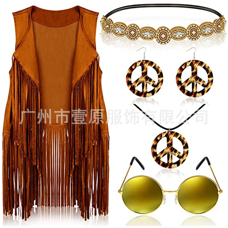 60s 70s Hippie Costume Set Peace Sign Earring Headband Fringe Vest Tassel Cardigan Women Hippie Costume Accessories