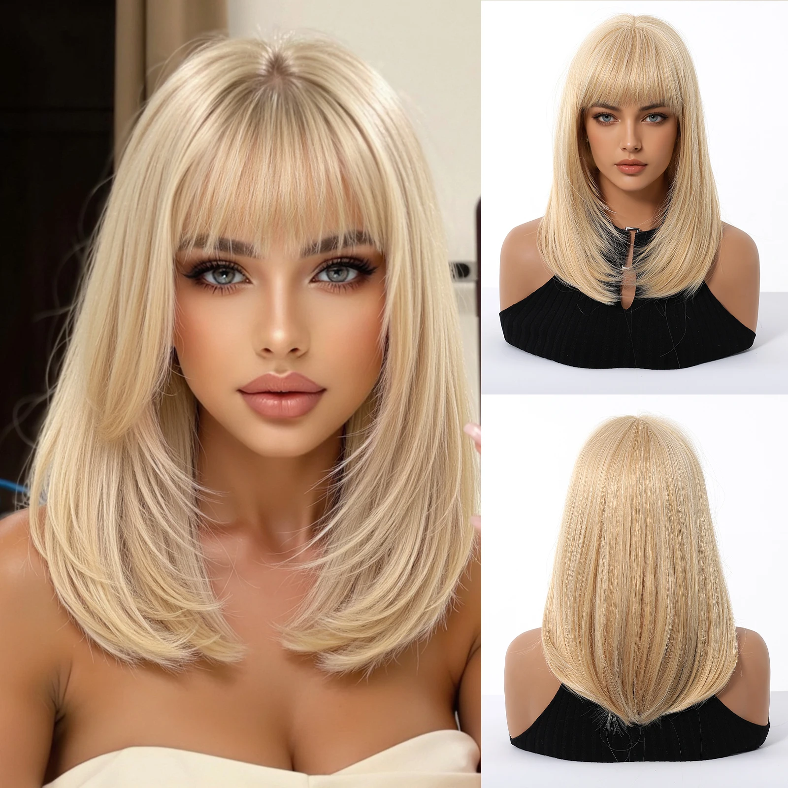 HENRY MARGU – perruques synthétiques lisses longueur d'épaule, perruque Blonde platine avec frange pour femmes, Cosplay quotidien en Fiber résistante à la chaleur