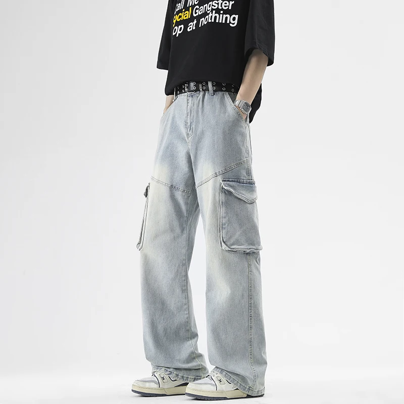 Men's Cargo Jeans Straight Loose Jeans Denim Pants Multi Pockets Patchwork Streetwear Light Blue Mens Trousers Oversized