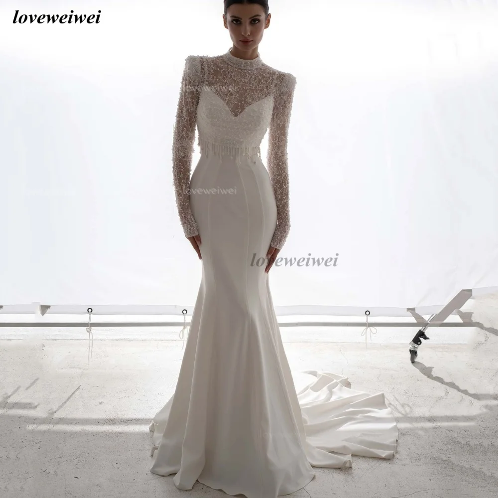 Vestidos de novia de sirena personalizados, vestidos de novia elegantes de manga larga con cuentas, vestido de novia con cordones, vestido de novia de lujo