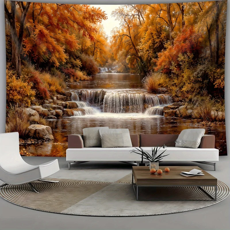 VIKAMA Autumn Scenery Forest Stream Water Rock Aesthetics Tapestry Living Room Bedroom Polyester Fiber Wall Hanging Room Decor