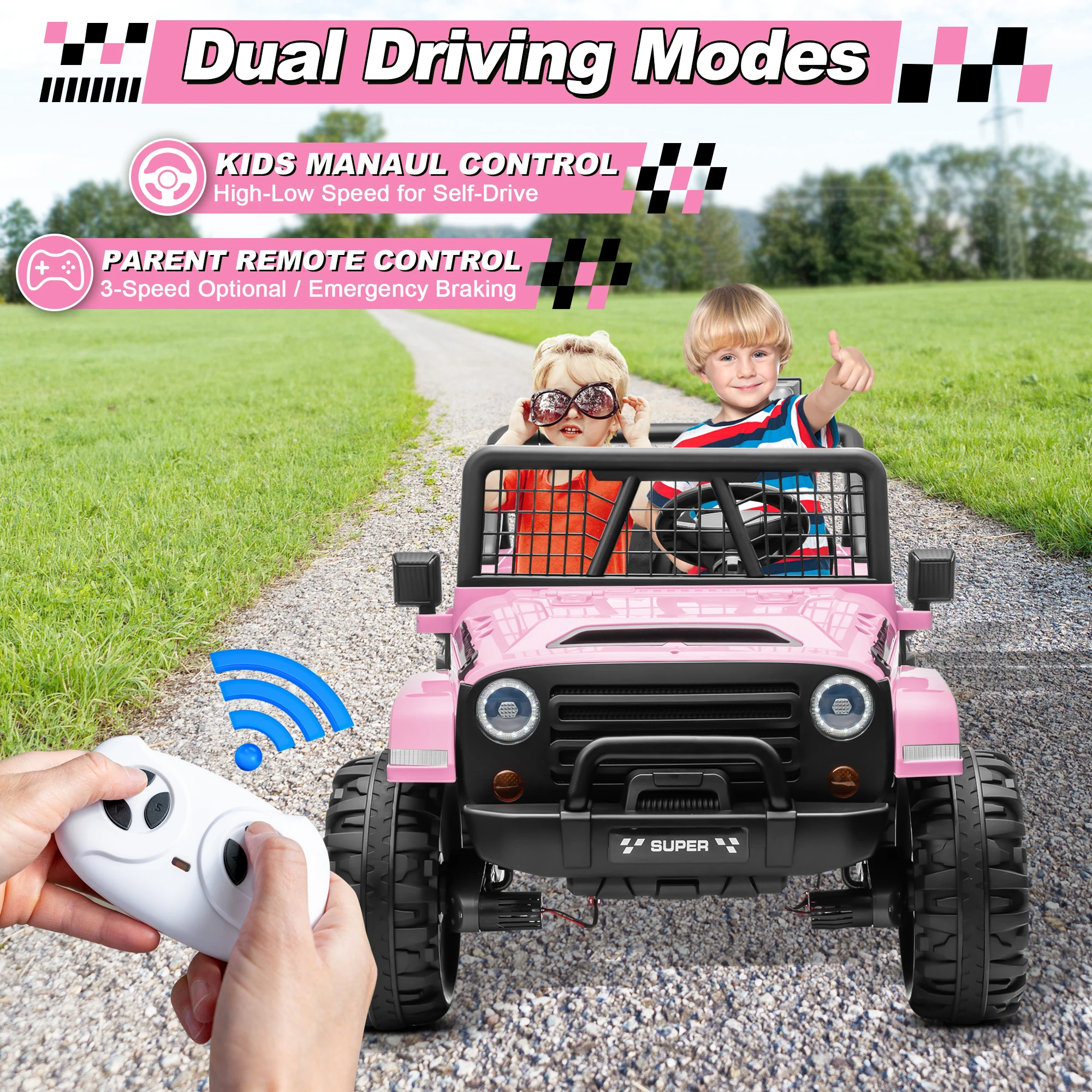 Coche de paseo XL de 24 V con control remoto, coche eléctrico conmutable de 2 plazas 4WD/2WD para niños con asiento de 20 pulgadas de ancho, flor de regalo,