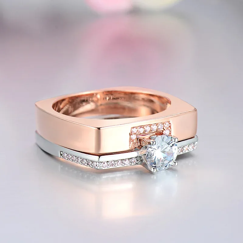 2pcs/set Rose Gold Double Square Rings Set Engagement Woman Cubic Zirconia 925 Silver Ring for Women Lover Wedding Jewelry