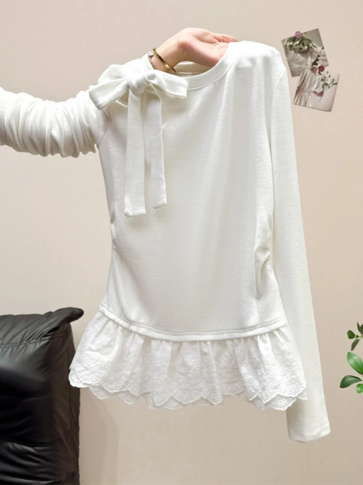 

Korean Sle Long Sve T-irt Women's Autumn Winter New White Lace Splicing Slimming Base Top Knot Ladies Faion