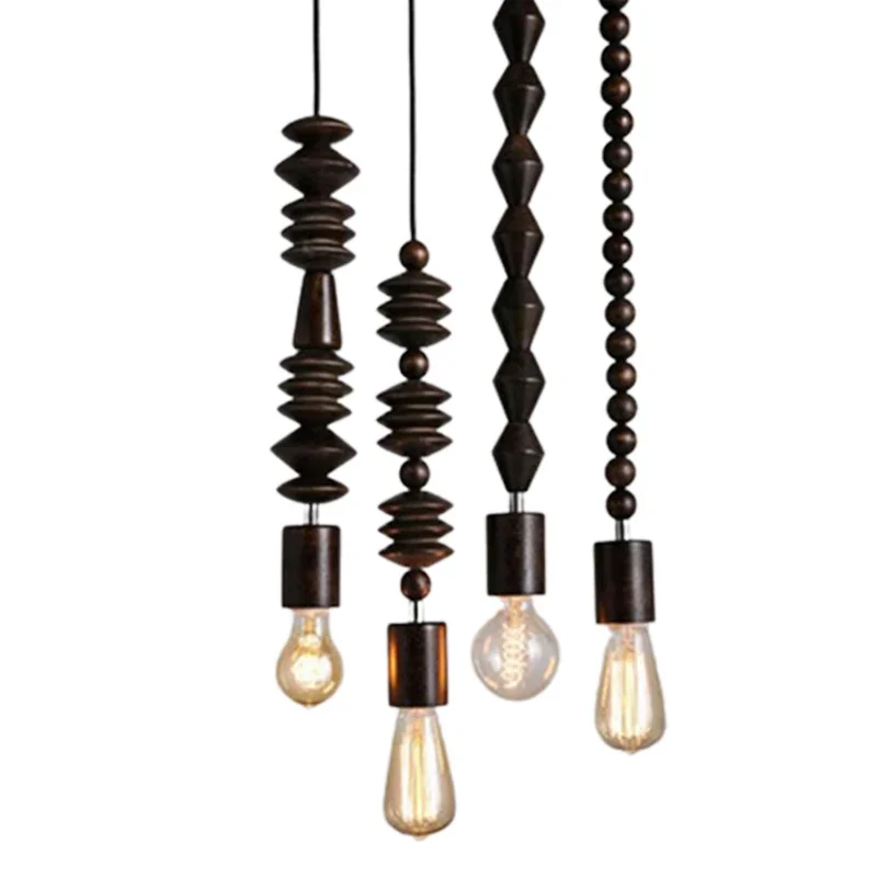 

Retro Style Pendant Lamp Oak Wood Vintage 100cm Cord Geometric Beads String Droplight Indoor Light Fixture