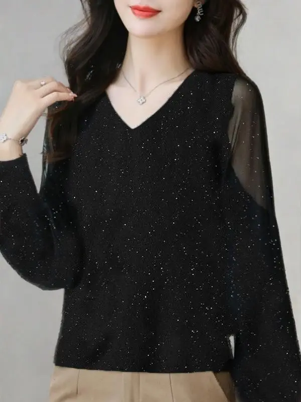 2025 New Autumn Women Loose and Bright Silk Style Casual and Slim Base Top