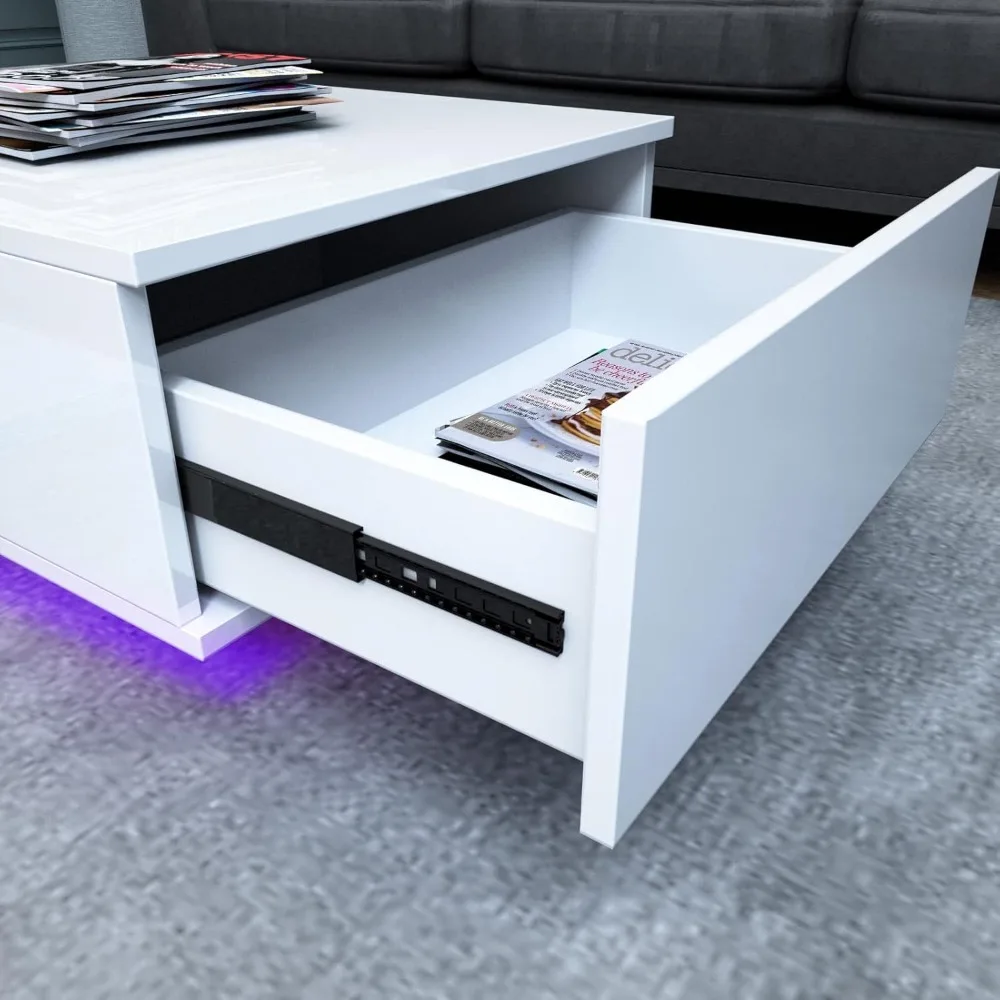 Modern white LED coffee table with drawers and 16 color LED lights, rectangular living room sofa table