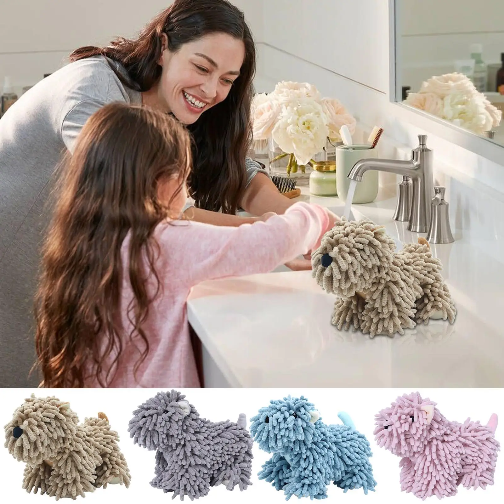 Cartoon Puppy Chenille Fuzzy Ball Hand Towel Highly Absorbent Cleaning Cloth Lovely Animal Pattern Decorative Household Towel