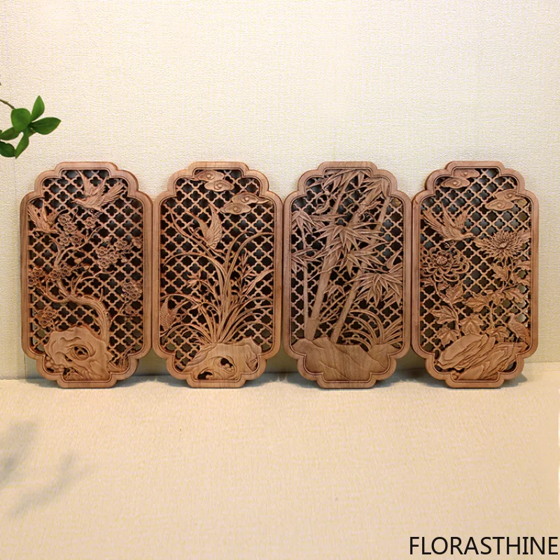 1 Pc Chinese Woodcarving Decorative Painting Meilan Chrysanthemum Bamboo Wood Carving Crafts Home Furnishing Decorations