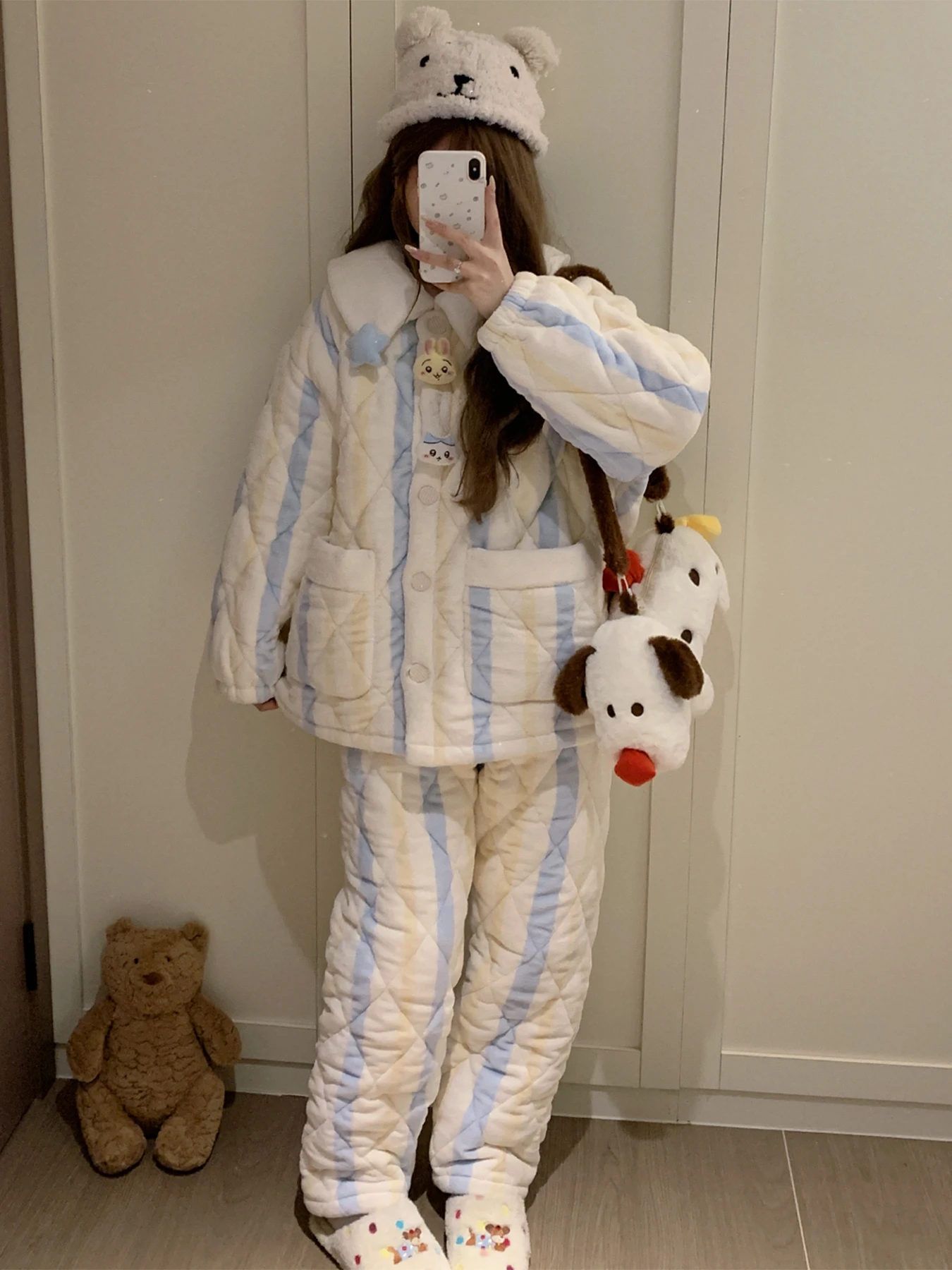 thi-coral-fce-pajamas-women's-sle-winter-warm-home-clothes-set-blue-tee-layer-cotton-sandwich-coral-velvet-spwear