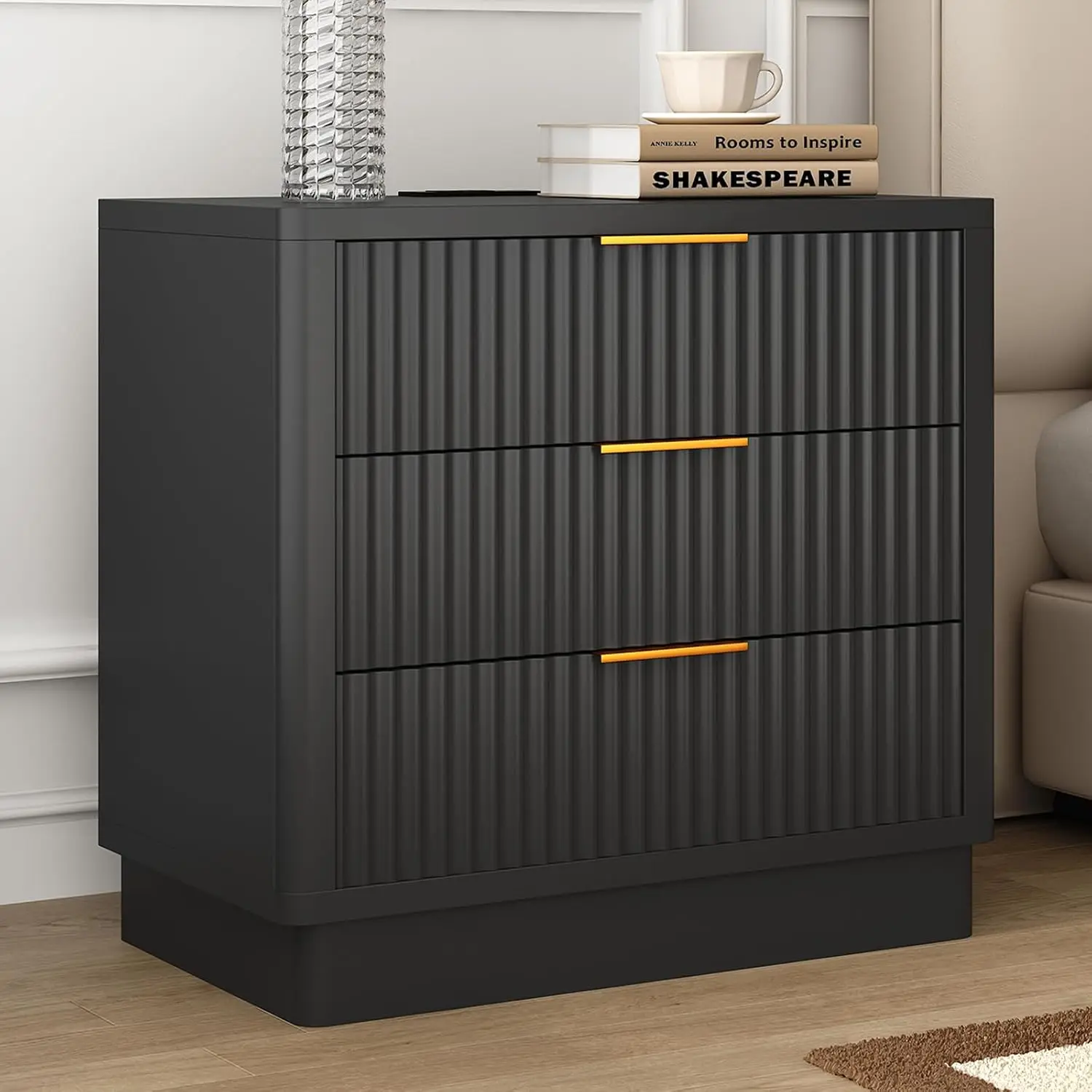 24'' Black Nightstand With 3 Drawers & Outlet, Fluted End Table | 2 AC Outlets,1 USB Ports, 1 Type C, 3 Storage, Customized