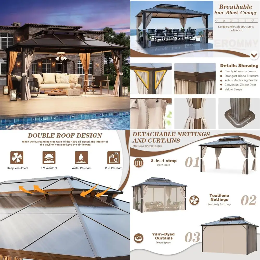 

12' x 16' gazebo polycarbonate double roof canopy outdoor aluminum frame pergola, permanent pavilion with netting and curtains